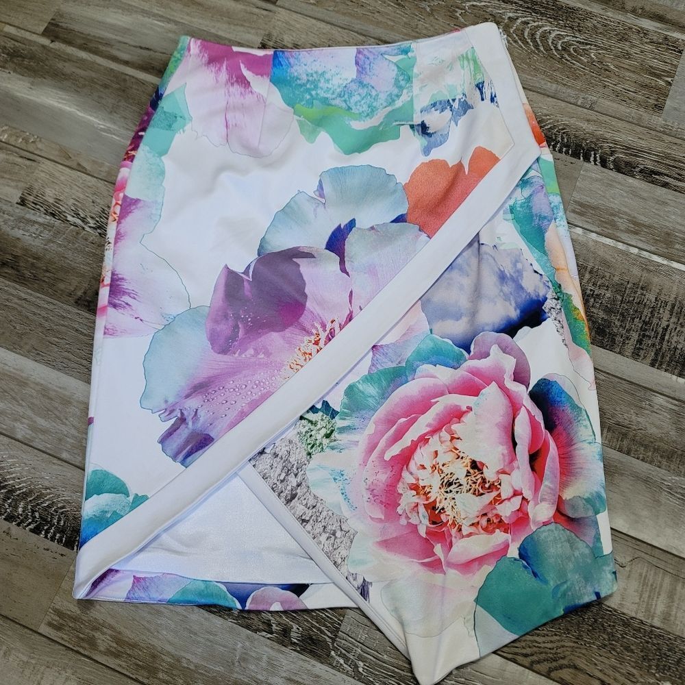 Suboo Floral Asymmetrical Faux Wrap Skirt Size 4